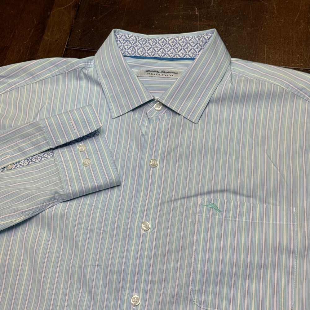 Tommy Bahama Sarasota Stretch Button Down Mens Large Blue Striped Long Sleeve